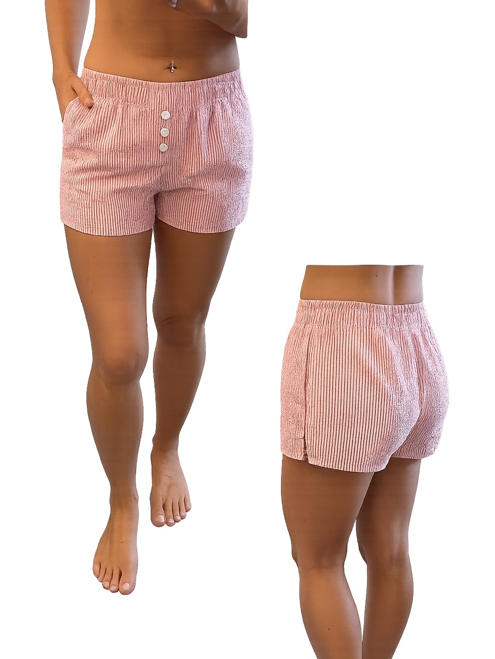 High-Waist Pink Seersucker Button-Front Shorts - Picture 2 of 5